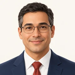 Illustrated portrait of a smiling man in a navy suit and glasses